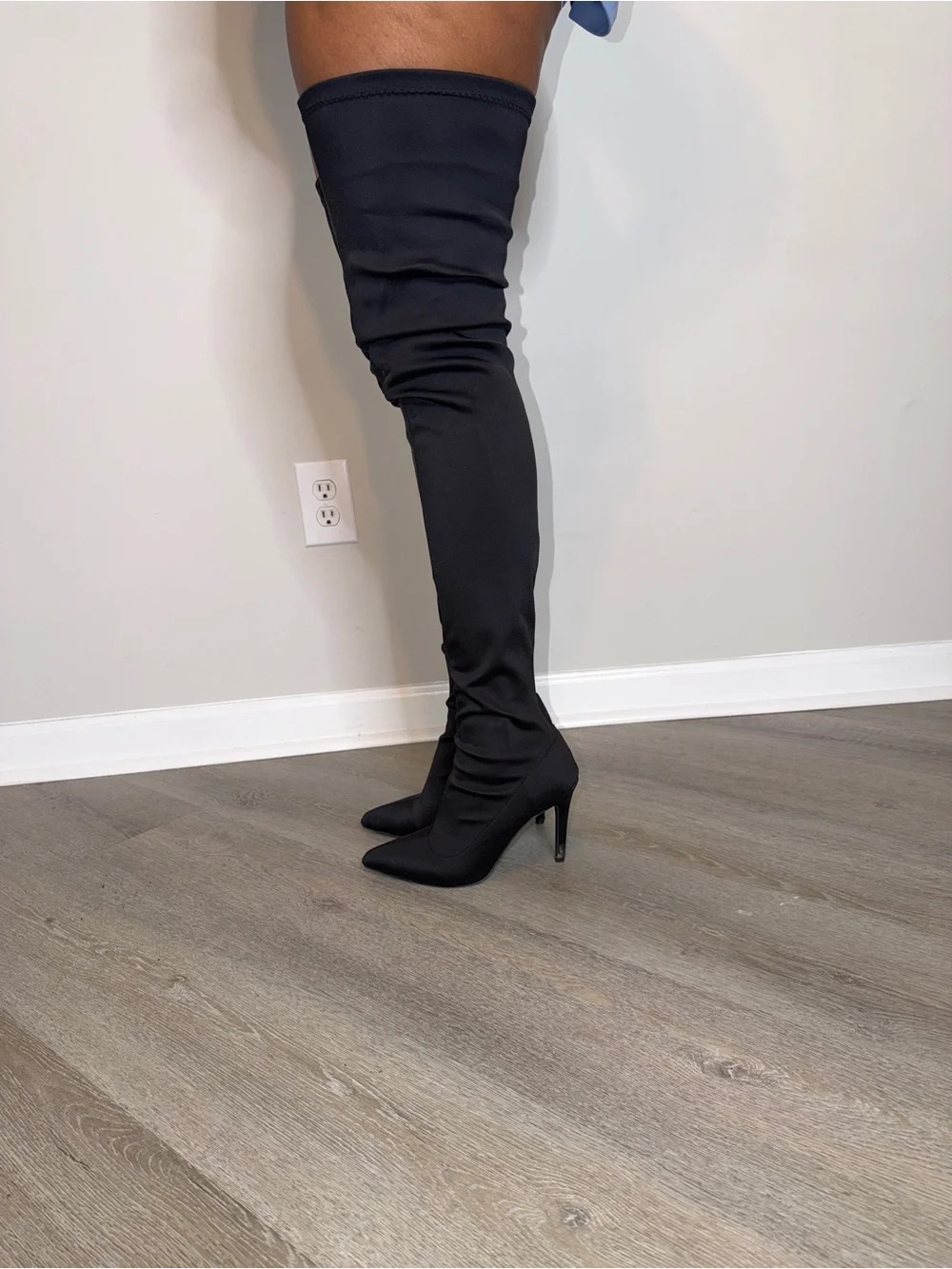 Fashion Nova Black Over-the-Knee Pointed Toe Stretch Boots